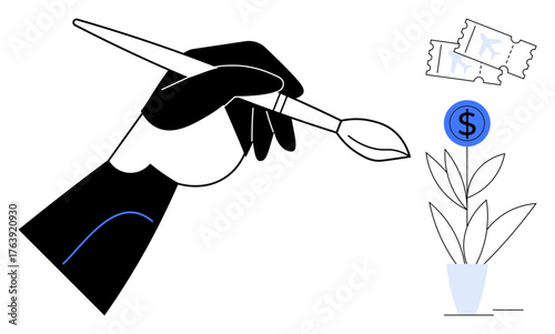 Hand with a paintbrush nurturing a plant with a dollar sign while tickets symbolize opportunity. Ideal for creativity, investment, business growth, innovation, success, opportunity, prosperity
