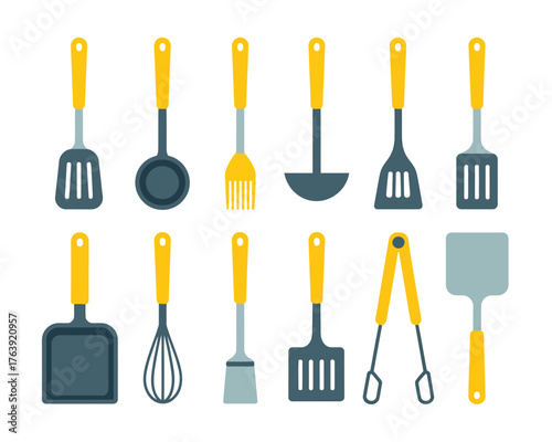 Collection of kitchen utensils with yellow handles on white background