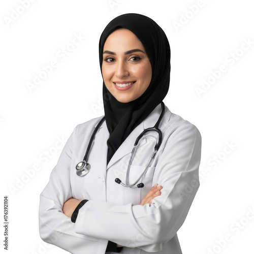 A smiling female medical professional wearing a white lab coat and black hijab with a stethoscope around her neck isolated on transparent background