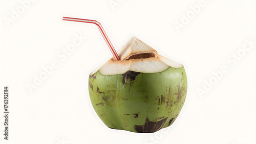Fresh coconut drink with a red straw, a tropical refreshment, vibrant green and white.