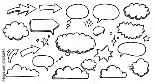 Hand drawn speech and thought bubbles with doodle arrows and stars