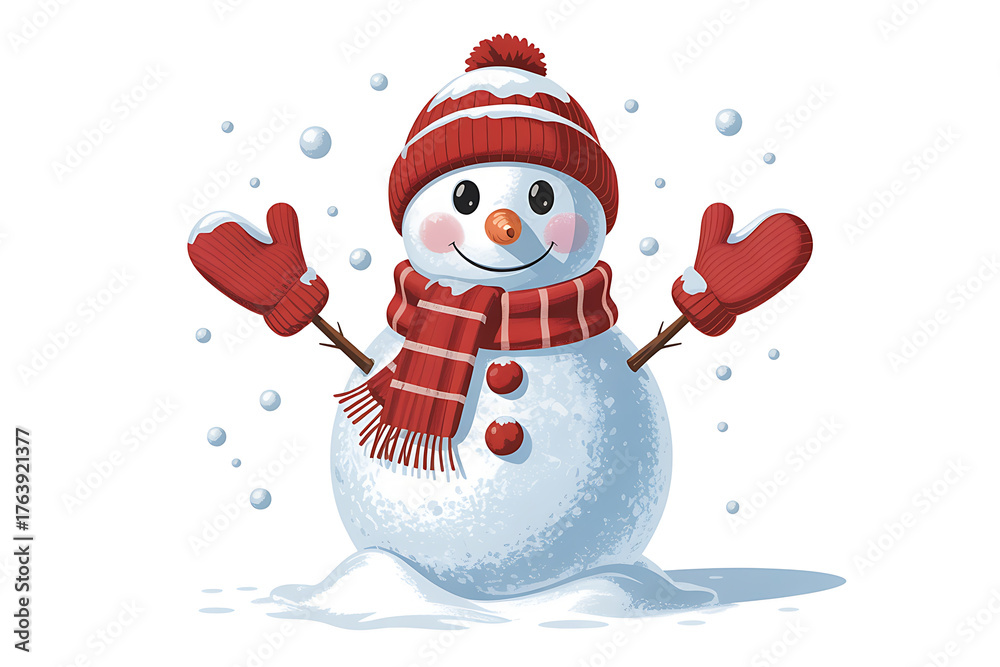 Fototapeta premium Festive snowman with a warm hat, scarf, and mittens stands in a snowy scene.