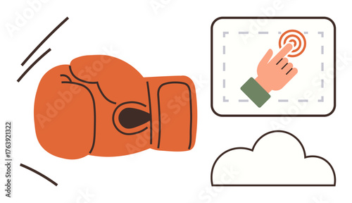 Boxing glove in motion, hand touching a digital panel, and a cloud symbol. Ideal for conflict resolution, digital transformation, strategy, teamwork, leadership innovation or strength. Simple flat