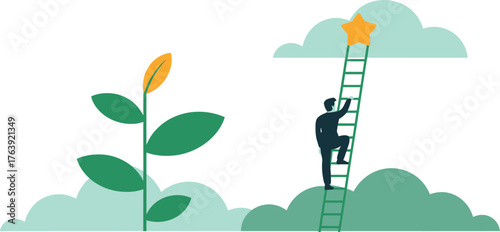 Achieving goals and dreams: business man climbing ladder to success and reaching for star