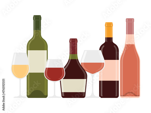 Collection of wine bottles and glasses with different types of wine