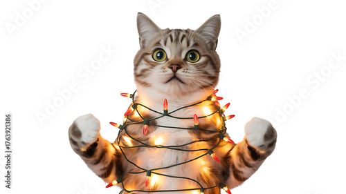 A tabby cat playfully adorned with festive lights, creating a whimsical and charming holiday scene.