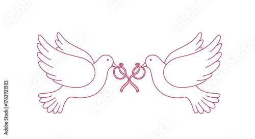 Elegant doves with intertwined engagement rings in minimal line art style
