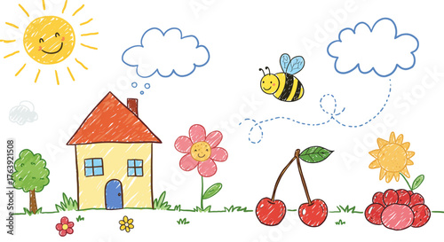 Colorful doodle art of cheerful house, flowers, and nature elements for kids