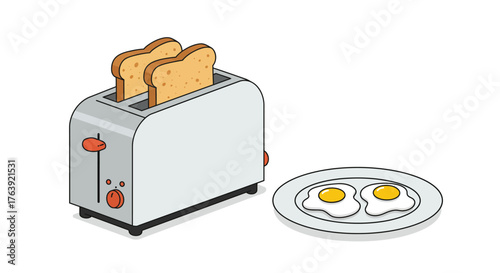 Isometric kitchen breakfast scene with toaster and sunny side up eggs