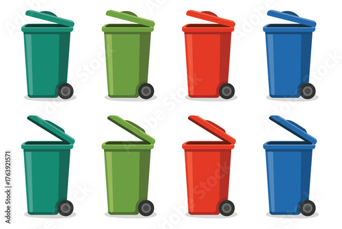 Set of colorful recycling bins with lids open and closed