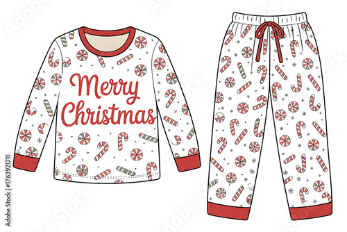 Festive pajamas display candy cane and snowflake patterns, celebrating a joyful holiday season.