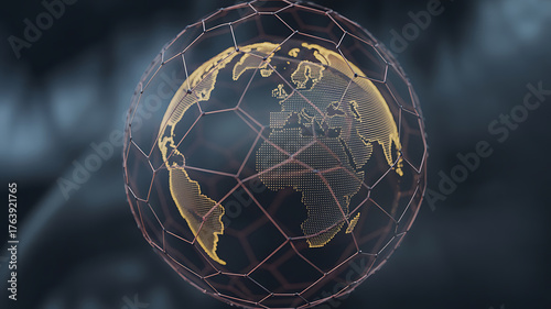 A glowing globe encased in a network grid, symbolizing global connectivity and data transfer.