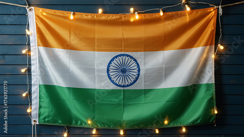 Indian flag with saffron, white, green colors and a central blue wheel, national symbol.