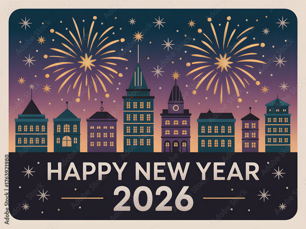 Naklejka premium Happy new year 2026 cityscape with fireworks and festive lights