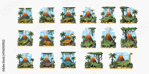 Collection of dinosaur themed illustrations with volcanoes and jungle.