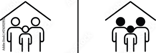 Family Home Illustration: A simple yet heartwarming illustration of a family under a roof, symbolizing home and belonging, captures the essence of togetherness and the warmth of family life.