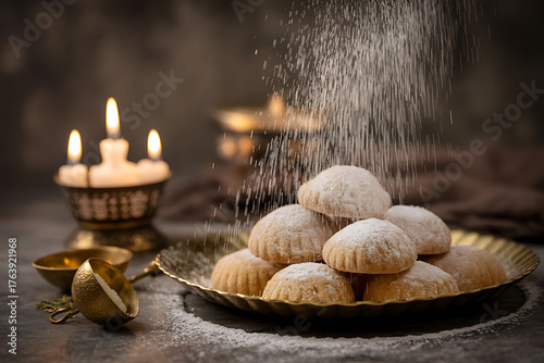 Sweet pastries dusted with powdered sugar sit on a golden plate, illuminated by candlelight.