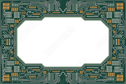 Intricate circuit board pattern with green and copper tones, forming a central empty space.