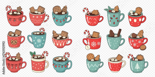 Collection of festive mugs filled with hot chocolate and treats, perfect for holiday cheer.