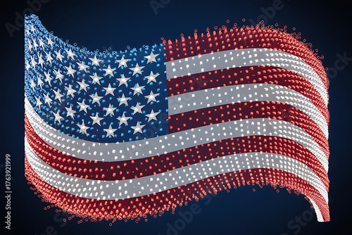 Waving flag with red and white stripes, and blue field of white stars, patriotic symbol.