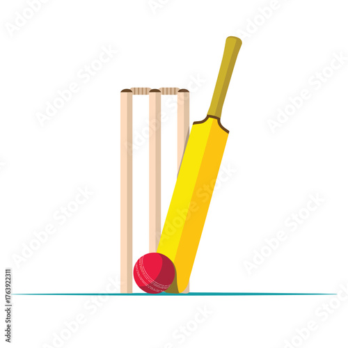 Cricket equipment with bat ball and wickets on white background
