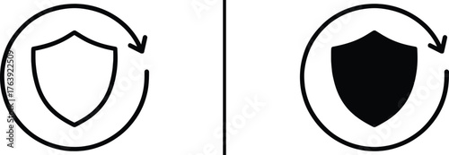 Protection and Security Icon Set: Two clean and minimalistic shield icons surrounded by curved arrows, symbolizing protection and security. One filled and one outline, offering versatility in design.