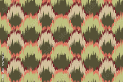 Abstract Earth Tone Ikat Diamond Seamless Pattern. inspired by the traditional Ikat dyeing technique. The design features a staggered geometric arrangement of diamond or ogee shapes.