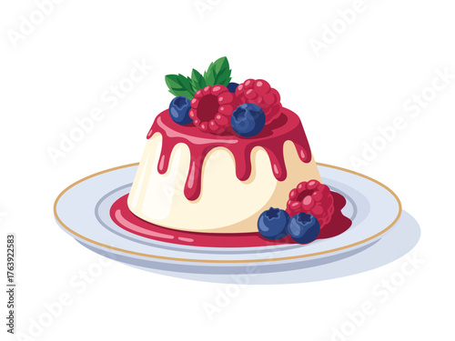 Delicious panna cotta dessert with fresh berries and raspberry sauce