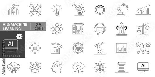 Minimalist AI and machine learning line icon set featuring user interface, business model, digital optimization, algorithm, BPM. Collection of vector line icons use for web, banner, poster and ads