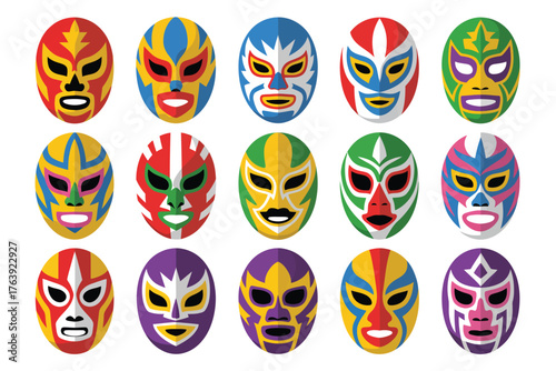 Collection of colorful and vibrant mexican lucha libre wrestling masks