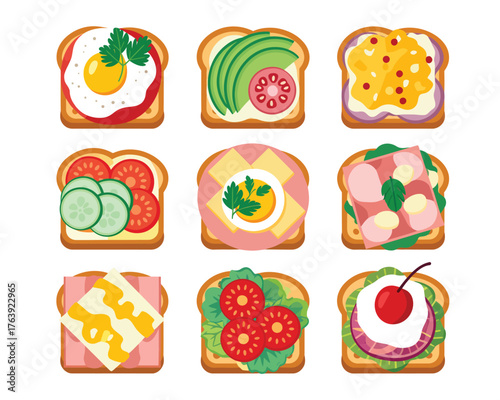 Variety of delicious toasts with fresh toppings for breakfast or snack