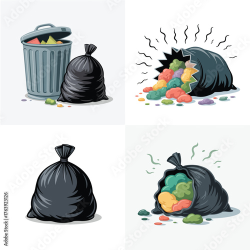 Collection of trash bags and overflowing garbage can illustration