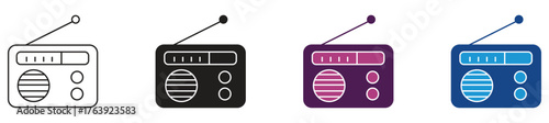  Radio icon set. FM broadcast symbol isolated on white background, vintage radio. Vector illustration.