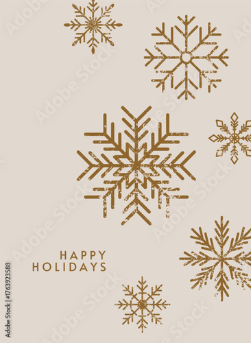 Festive greeting card design. Snowflakes falling, vintage grunge texture. Happy Holidays seasonal postcard. Holiday design with snow flakes pattern, snow winter poster. Grainy noise. Flat vector.