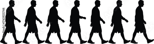 Human walking motion silhouette sequence, seven phases, long sleeves and shorts, flat vector, isolated, cad drawing