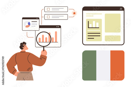 Person examines analytical charts, graphs, and interface elements with magnifier next to Ireland flag. Ideal for data analysis, analytics, market research, international business, statistics