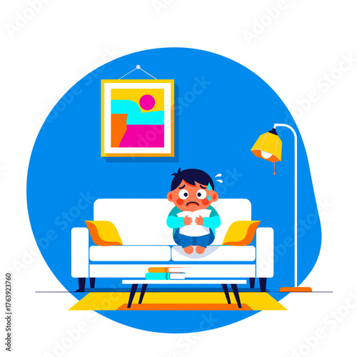 Young boy sitting on couch with controller feeling anxious at home - Concept of Children  