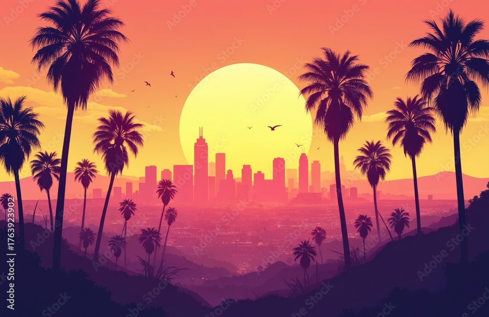 Obraz premium Los Angeles city skyline at sunset with palm trees. Urban landscape of California. Cityscape view with tall buildings and tropical trees. Sunset over city with mountains in background.
