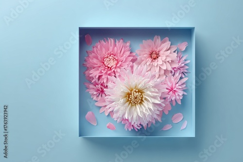 Colorful Pink Flowers Arranged in Heart Shape in a Blue Box on a Light Backgr...