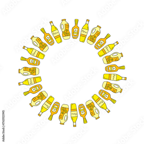 Cute round frame with doodle canola rapeseed and sunflower oil in bottles isolated on white background.