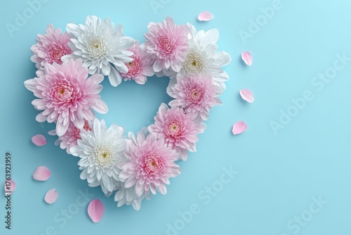 Heart-shaped Arrangement of Pink and White Flowers on a Light Blue Background...