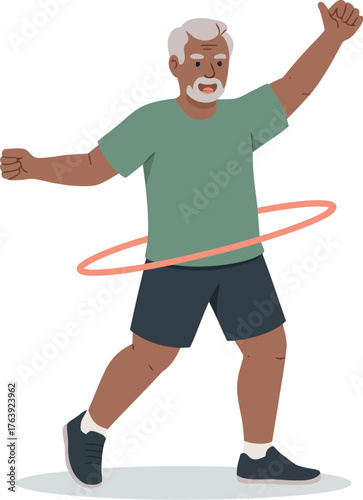 Senior man fitness workout with hula hoop exercise for healthy lifestyle and wellbeing