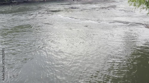 Tranquil River Flowing Through Lush Green Landscape with Rocks and Gentle Ripples on Water Surface