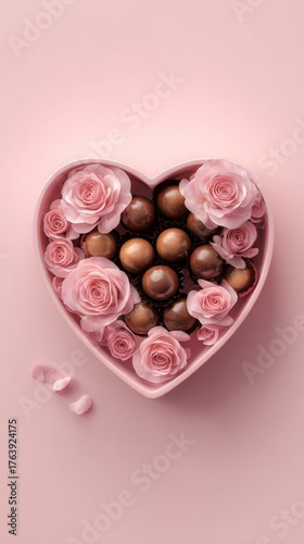 Heart-shaped Box Filled With Chocolates and Pink Roses Creating a Romantic Pr...