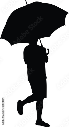 Silhouette of person walking with umbrella in stride posture, flat vector, isolated, cad drawing