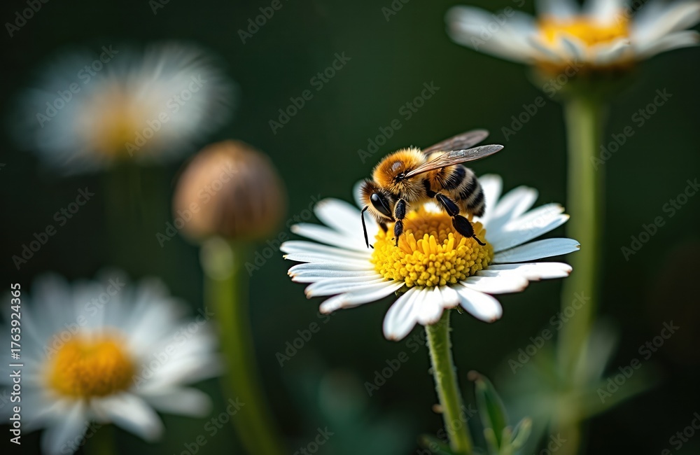 Obraz premium Close up photo shows bee on daisy flower. Insect collects nectar from white petals yellow center. Plants grow outdoors during summer in sunny garden.