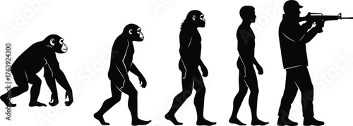 Silhouette sequence of human evolution, primate to armed modern man, flat vector, isolated, cad drawing