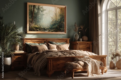 Cozy Bedroom With Wooden Furniture and Nature-Inspired Decor in Warm Afternoo...