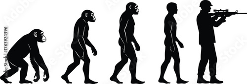 Silhouette sequence of human evolution, primate to armed soldier, walking poses, flat vector, isolated, cad drawing