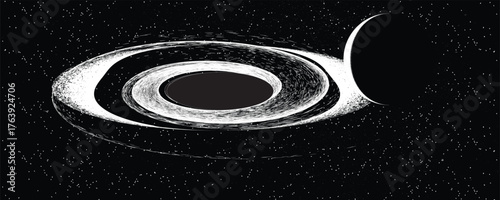 Black hole with disc of plasma eating dying star in space. Supermassive singularity in core off a galaxy, with noise texture . Event horizon .Vector illustration